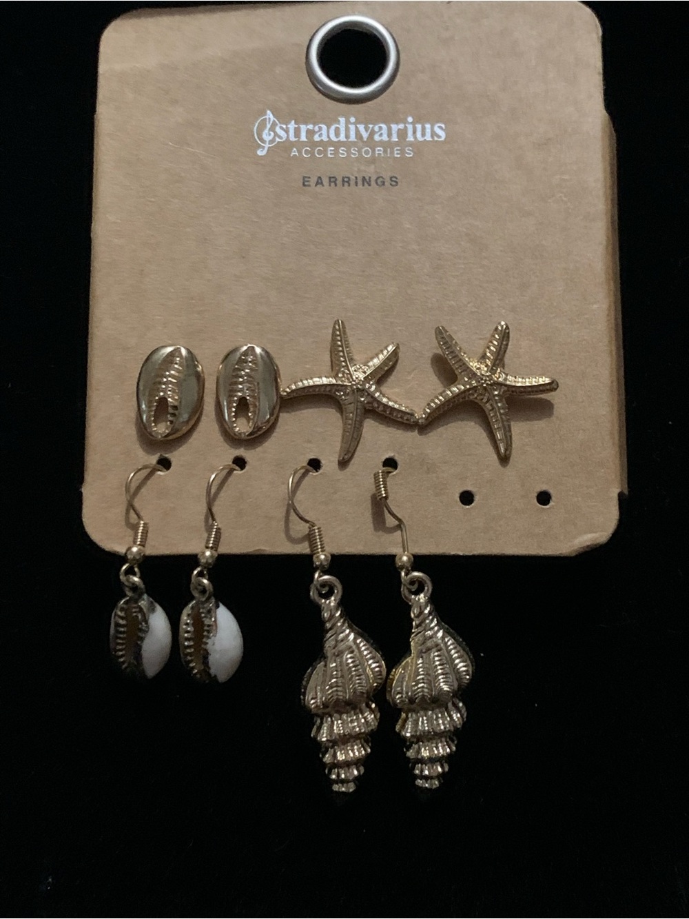 Stradivarius Gold Sea-Inspired Earring Set with White Shell Accents - 4 Pairs